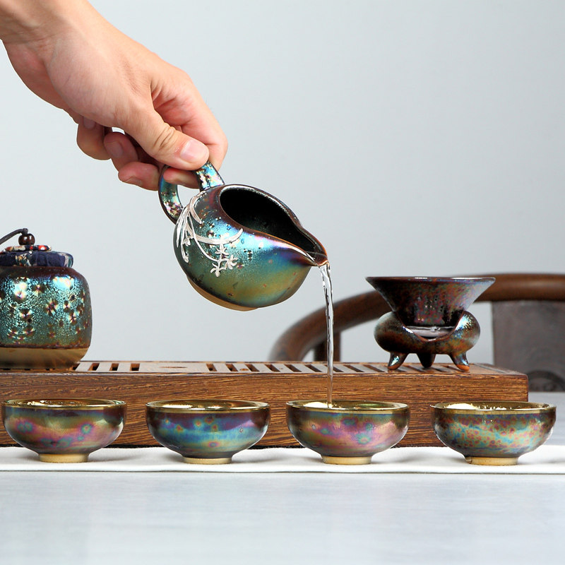 台湾窑变天目七彩孔雀鎏金镶银茶具陶瓷整套陶瓷银鱼杯茶具套装,淘宝优惠券,粉丝福利购,淘宝优惠卷