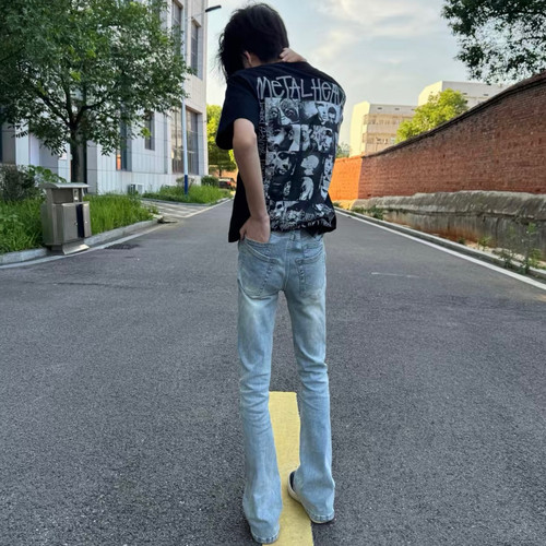 美式水洗浅蓝cleanfit牛仔裤微喇修身显瘦复古vintage517长裤子男 - 图2