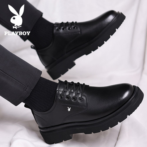 花花公子皮鞋男款冬季加绒真皮休闲鞋黑色工作商务正装结婚新郎鞋 - 图2