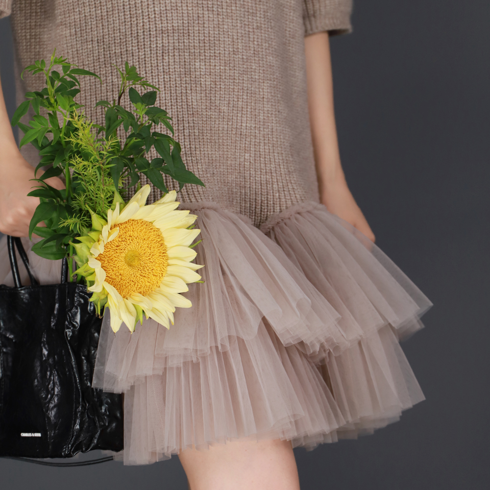 TEATREE24秋原创网纱拼接羊毛连衣裙A字裙宽松显瘦毛衣针织鱼尾裙 - 图3