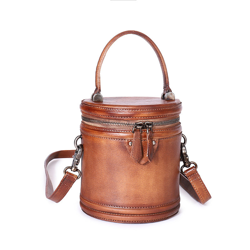 法缇斯真皮圆桶包文艺女斜挎小包 法缇斯女士包袋