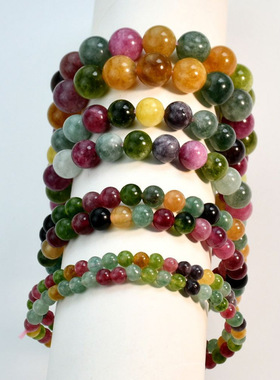 天然巴西老料糖果碧玺手链女单圈三圈彩色宝石手串女七彩中国风