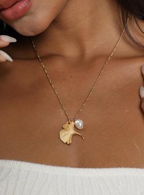 S925银法式项链复古银杏叶珍珠