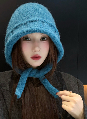 蓝色显脸小绑带针织帽女秋冬季