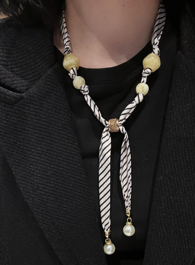 条纹串珠珍珠吊坠丝巾项链女小众