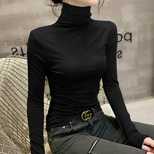 莫代尔高领打底衫女2025新款春秋冬内搭堆领长袖T恤爆款黑色上衣 - 图1