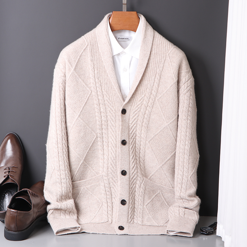 100纯山羊绒开衫男士V领加厚宽松针织毛衣秋冬季新款商务羊毛外套