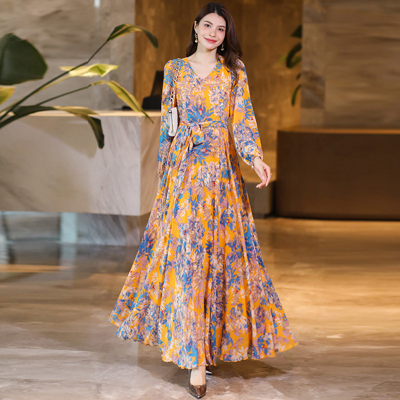 2025年春秋冬新款优雅女士长袖印花连衣裙显瘦长裙雪纺裙子沙滩裙,淘宝优惠券,粉丝福利购,淘宝优惠卷