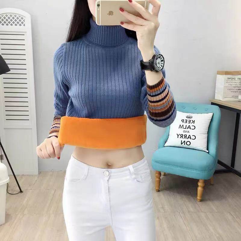 2025冬季清仓高领毛衣女加绒修身显瘦袖口夹色针织加厚打底衫女潮,淘宝优惠券,粉丝福利购,淘宝优惠卷