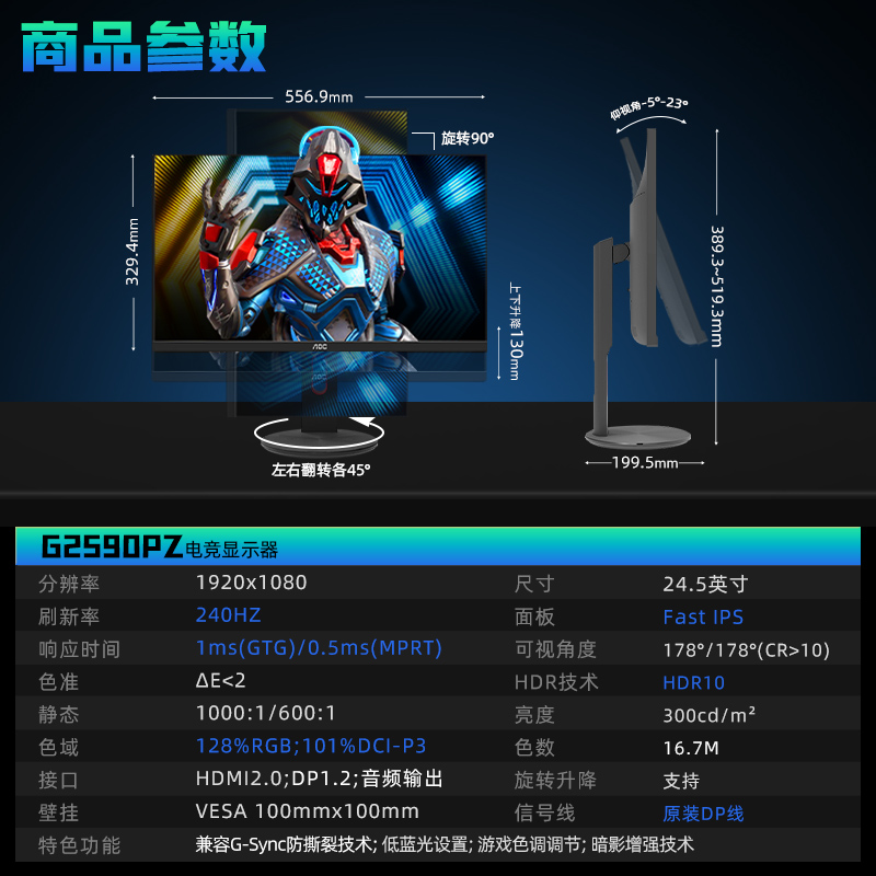 AOC240hz显示器24.5英寸IPS快速液晶屏幕G2590PZ电脑游戏1ms/144 - 图3