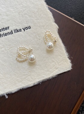 施家正圆珍珠耳钉链条小众时髦百搭气质通勤简约通体s925纯银耳饰