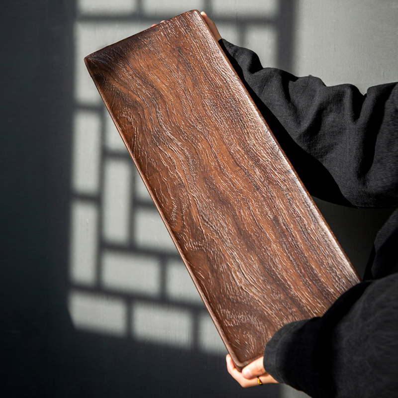 茶盘整块实木干泡台黑檀木喷沙新中式复古家用客厅功夫茶道茶托盘 - 图2