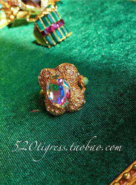 宝石面具天然粉晶胸针镀真金戒指