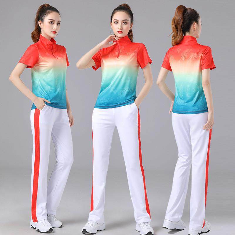 2025新款广场舞服装套装女长短袖t恤渐变撞色休闲运动健身舞蹈服,淘宝优惠券,粉丝福利购,淘宝优惠卷