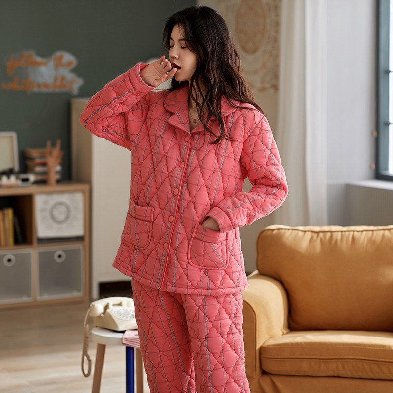 秋冬季纯棉格子三层超厚夹棉袄睡衣 安思梦睡衣/家居服套装