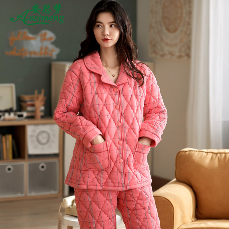 秋冬季纯棉格子三层超厚夹棉袄睡衣 安思梦睡衣/家居服套装