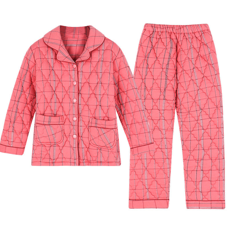 秋冬季纯棉格子三层超厚夹棉袄睡衣 安思梦睡衣/家居服套装