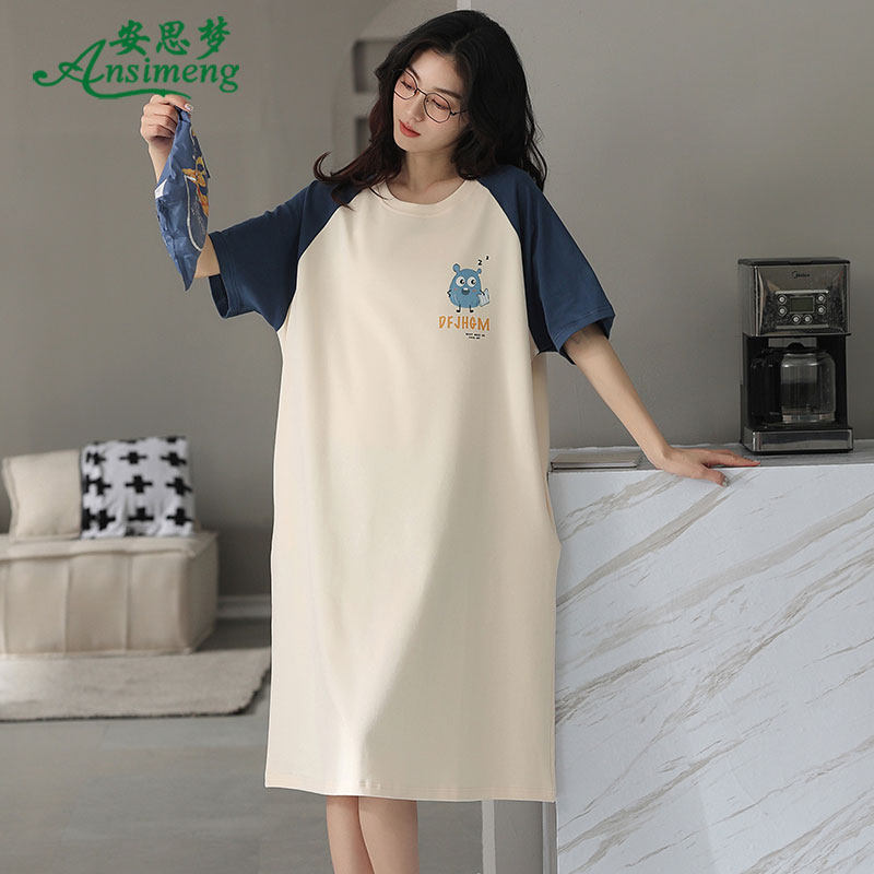 纯棉睡裙夏天中裙宽松短袖连衣裙 安思梦睡裙