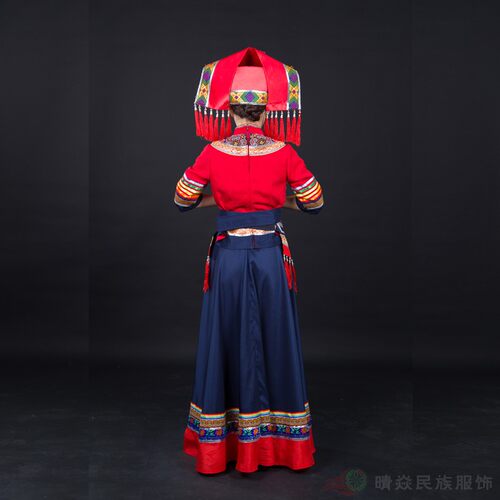 晴焱新款 壮族民族服装红色铜鼓刺绣民族风长裙礼仪舞蹈服装女 - 图2