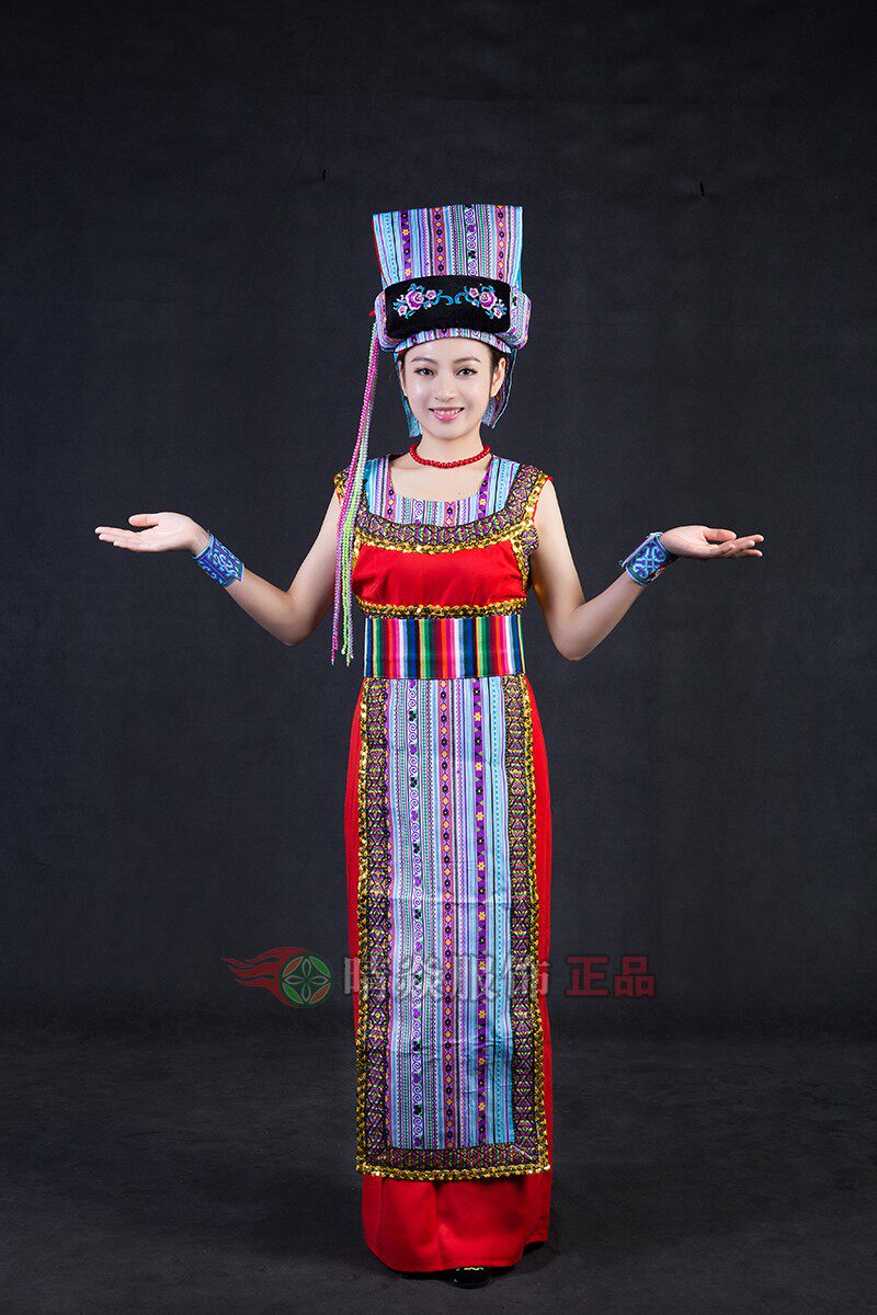 新款晴焱高端定制少数民族独龙族服装红色条纹长裙舞台表演女装