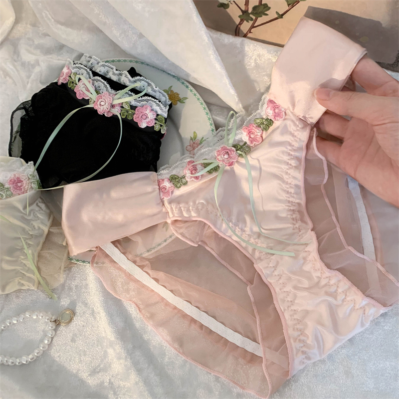 香榭粉黛~女生法式甜美女士纯欲风性感高级感蕾丝少女缎面内裤女 - 图0