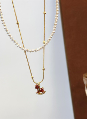 新年红滴油小马珍珠叠戴项链