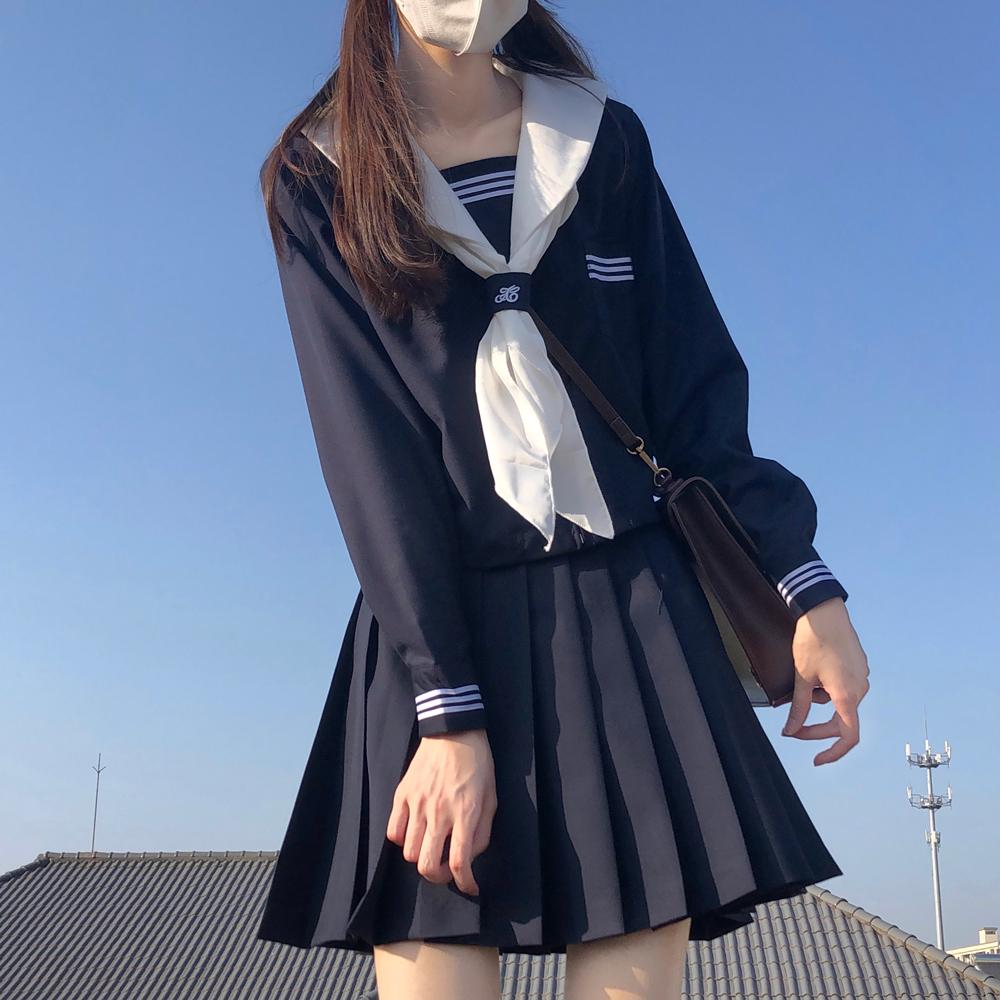 日系正版长袖水手服白领绀三本jk制服学院风基础款校供中间服套装-图0