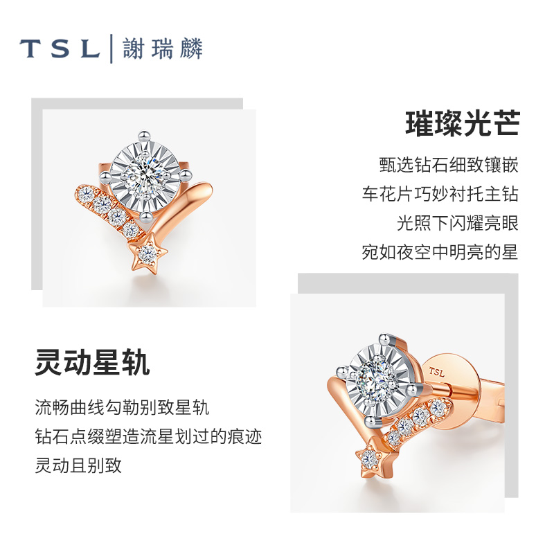 TSL谢瑞麟星辰系列18K金钻石耳钉双子星镶钻耳饰女新品一对BE447-图2