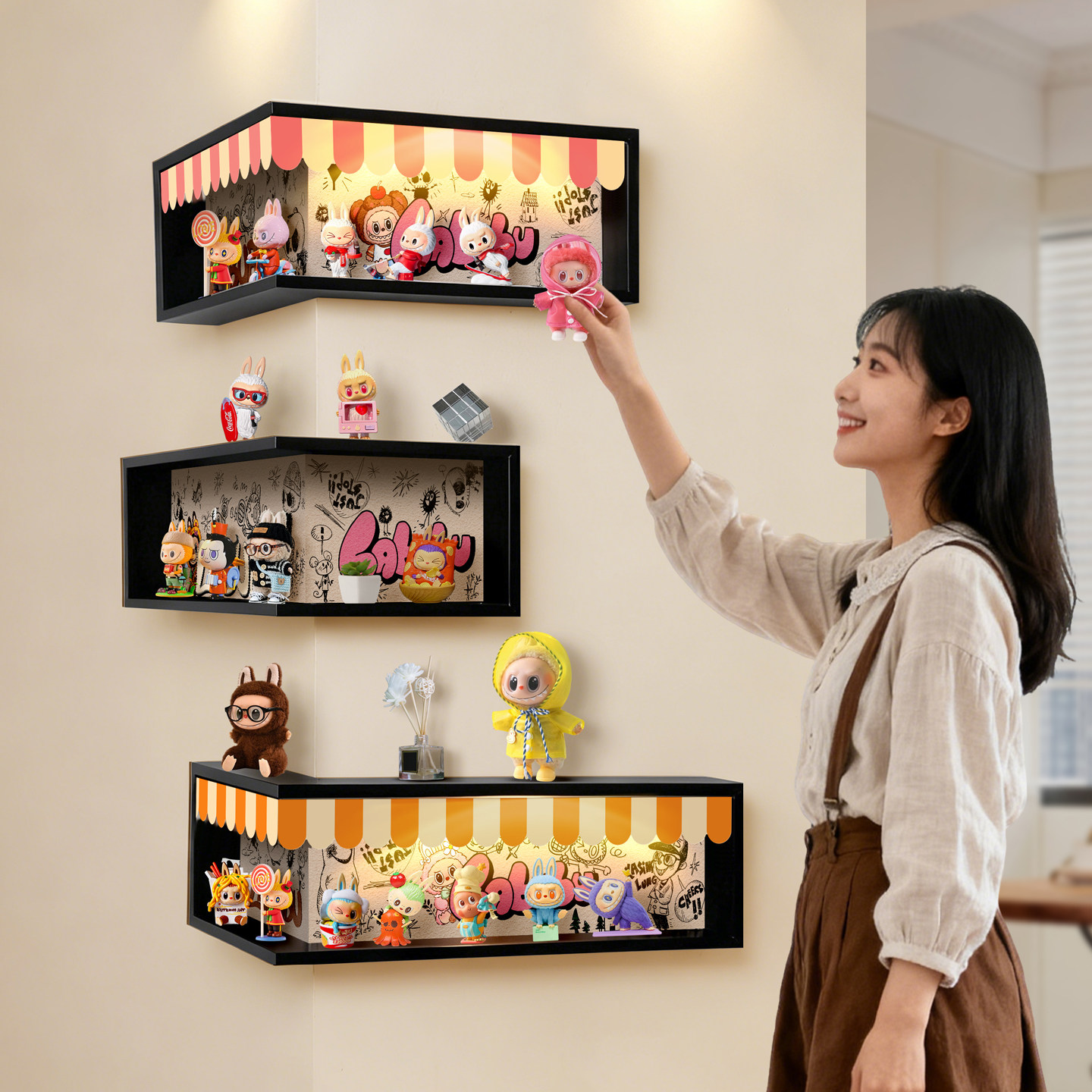 小红书同款盲盒转角置物架带防尘萌粒手办收纳架免打孔发光展示架,淘宝优惠券,粉丝福利购,淘宝优惠卷