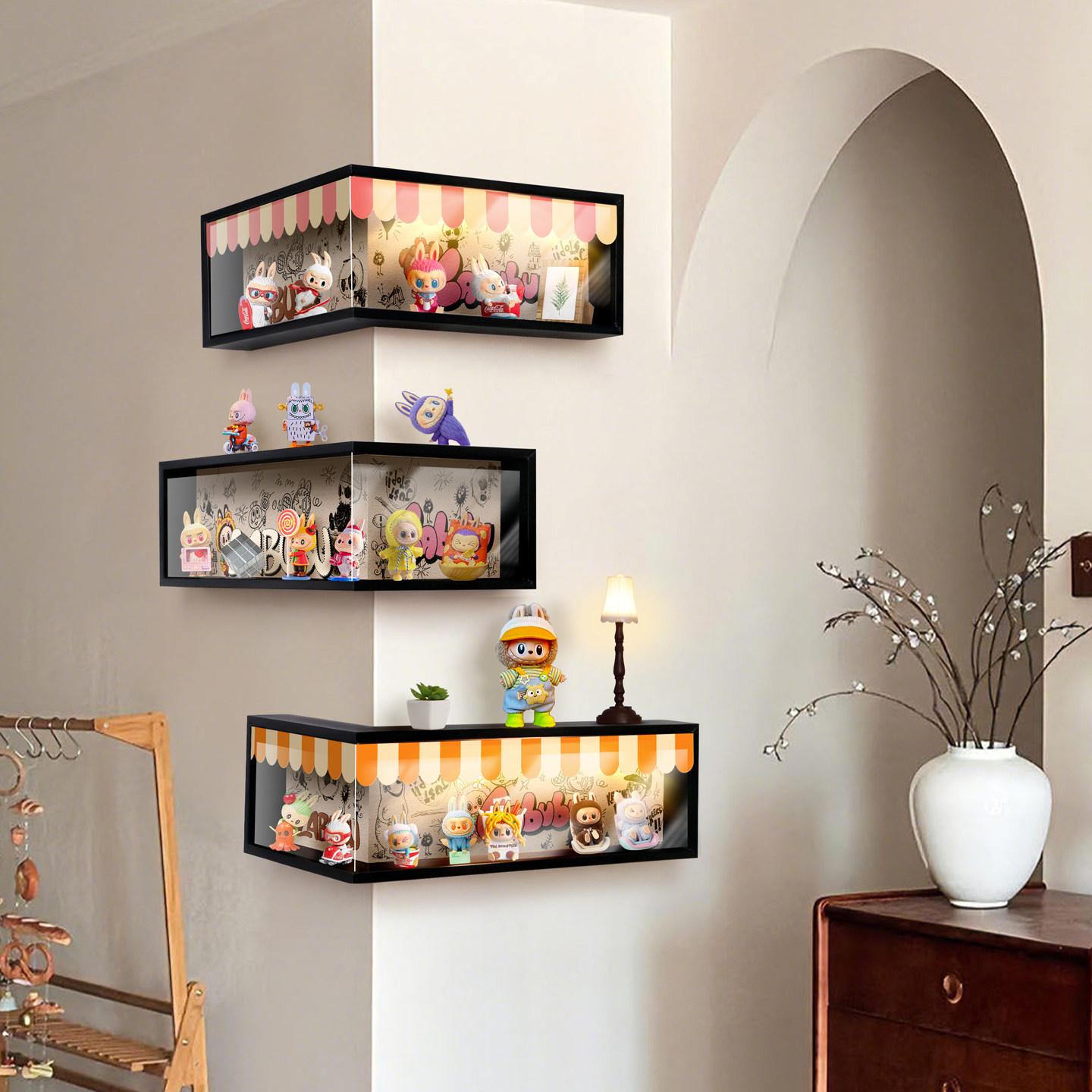 小红书同款盲盒转角置物架带防尘萌粒手办收纳架免打孔发光展示架,淘宝优惠券,粉丝福利购,淘宝优惠卷