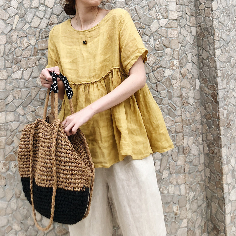 2025夏新女 日系韩版大码复古文艺棉麻亚麻中长款短袖衬衫娃娃衫,淘宝优惠券,粉丝福利购,淘宝优惠卷