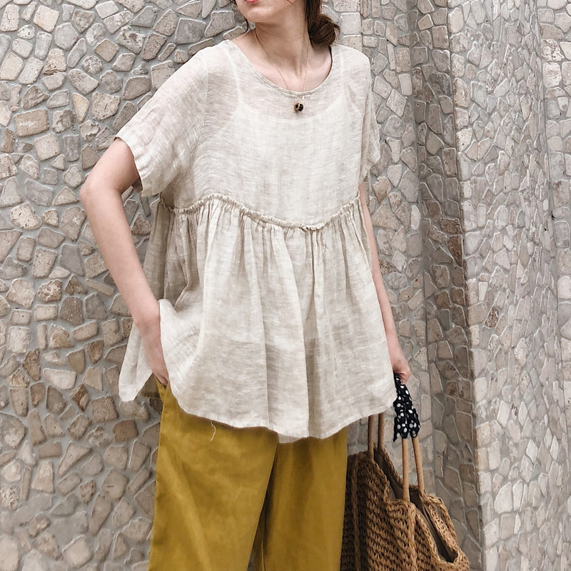 2025夏新女 日系韩版大码复古文艺棉麻亚麻中长款短袖衬衫娃娃衫,淘宝优惠券,粉丝福利购,淘宝优惠卷