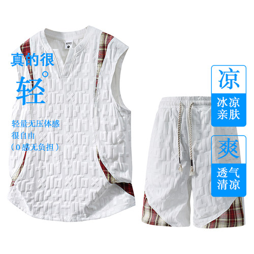 DJUESEN胖男生夏季男士大码背心短裤两件套休闲运动套装透气无袖t - 图0
