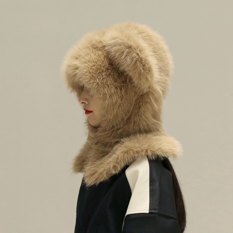 温暖毛绒帽冬天小熊帽子连围脖一体可爱娃娃领护颈肩护耳防寒防风 - 图0