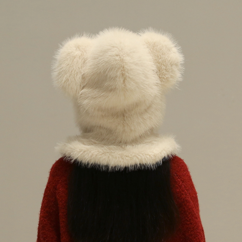 温暖毛绒帽冬天小熊帽子连围脖一体可爱娃娃领护颈肩护耳防寒防风 - 图1