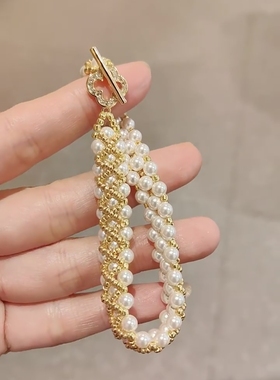 DIY手工串珠施华洛珍珠手链女天然4mm珍珠手链金色米珠轻奢波纹