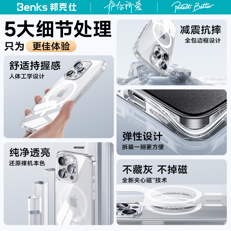 [磁悬浮晶磁壳T1]Benks适用苹果15磁吸手机壳透明新款防摔iPhone14ProMax保护套软边13pm超薄高级感夏天简约-图3