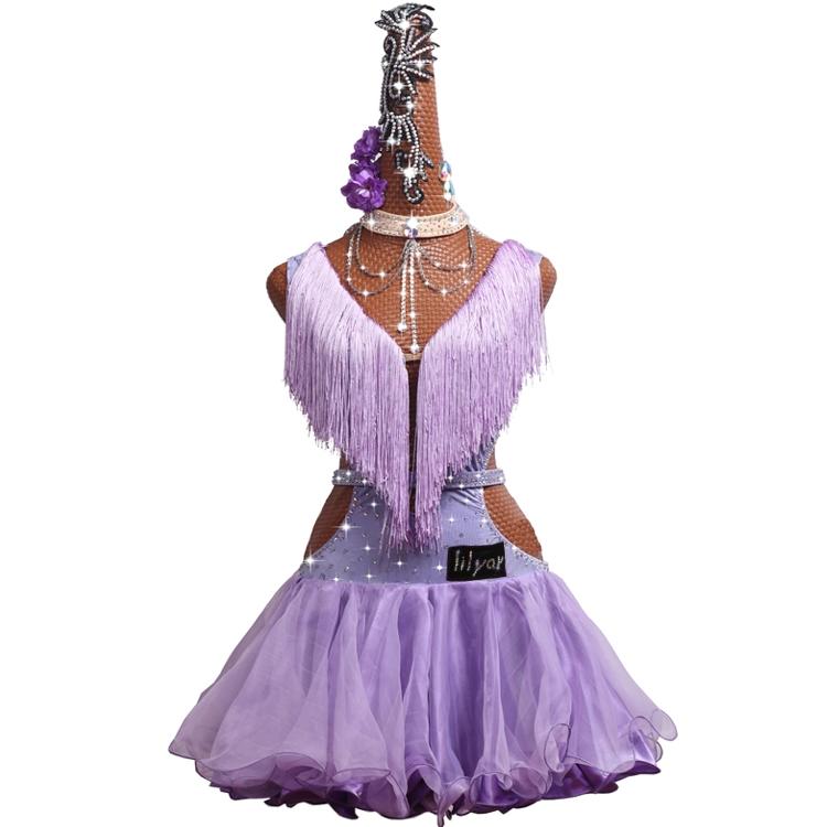 拉丁舞青少年女少儿比赛服演出服表演服舞裙镂空浅紫色流苏百褶裙 - 图1