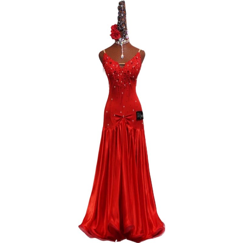 新款高档摩登舞比赛服演出服表演服大摆鱼骨卷边舞裙红色绣花水晶,淘宝优惠券,粉丝福利购,淘宝优惠卷