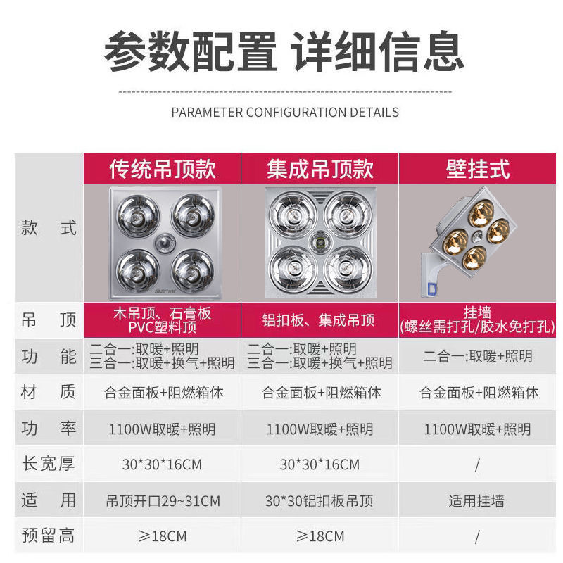 传统浴霸灯暖排气扇照明一体四灯卫生间老式吊顶灯泡壁挂式取暖灯 - 图2