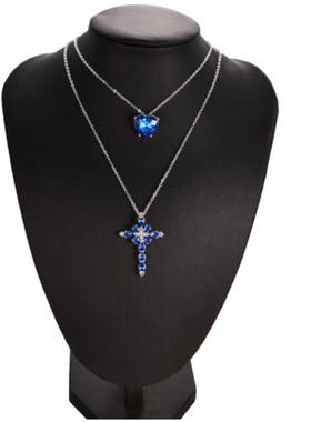 Lovely 2 Layers Crossed Blue Rhinestone Necklace Multilayer