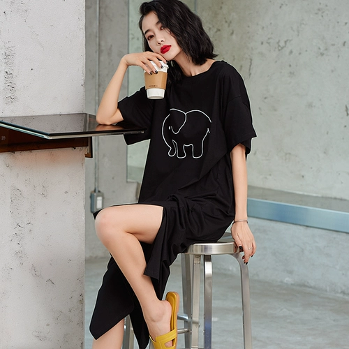 Пижама, хлопковая длинная юбка, тонкое летнее длинное платье, средней длины, большой размер, короткий рукав