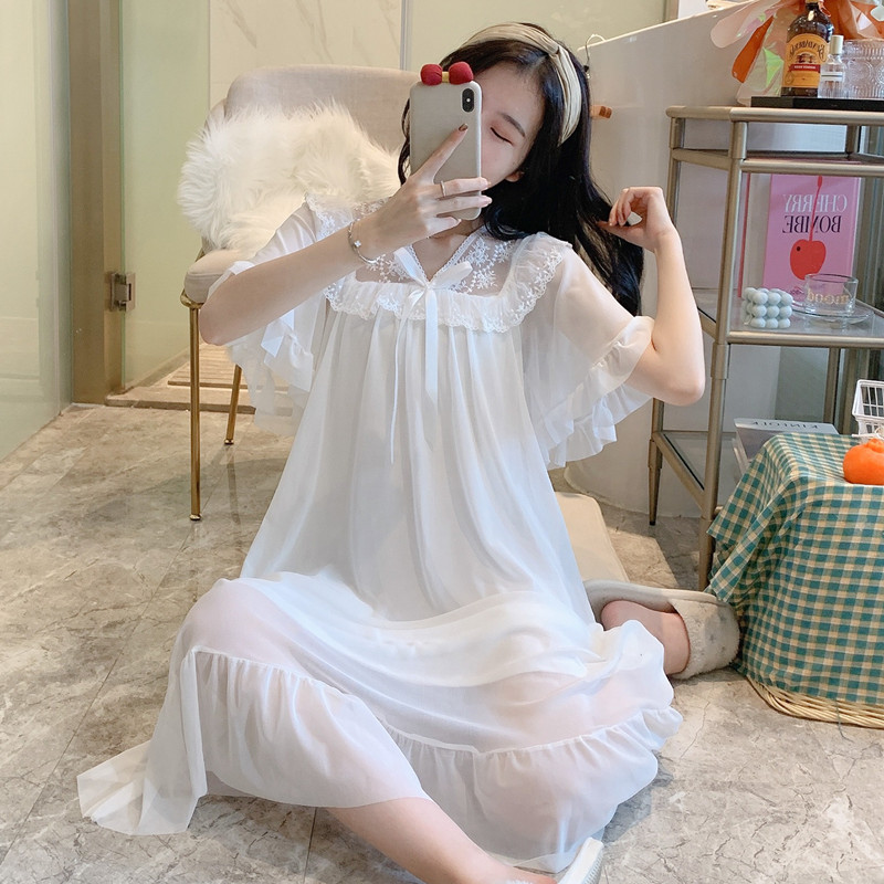 睡裙女夏季冰丝薄款短袖日系白色连衣裙蕾丝公主风纯棉睡衣莫代尔