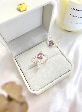 原创S925银粉钻爱心珍珠轻奢戒指