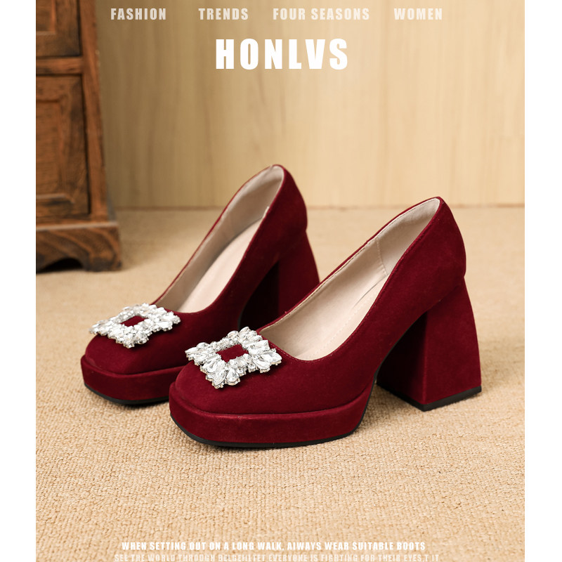 法式水钻方扣高跟鞋女粗跟方头红色婚鞋新娘鞋日常可穿防水台单鞋,淘宝优惠券,粉丝福利购,淘宝优惠卷