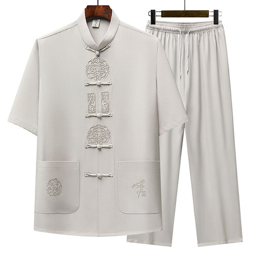 唐装男夏季爸爸短袖衬衣套装中国风父亲立领中式衣服老人爷爷衬衫 - 图1