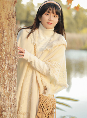 森系学院风流苏针织斗篷春秋季女