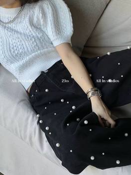 American Retro Black Jeans Women's Niche Design Heavy Industry Pearl Chic High Waist Straight Leg Loose Wide Pants