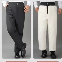 Winter middle aged wool leather hair integrated trousers men plus suede thickened sheepskin cotton pants genuine leather warm and cold-proof pants