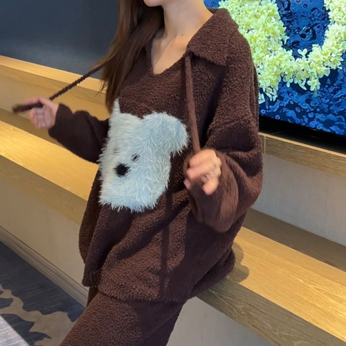 保暖加厚加绒软绵绵针织半边绒睡衣女士秋冬新款高级感家居服套装 - 图3